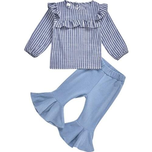 DFXD Kids Girl Clothing Sets New Spring Casual 2PC Baby Clothes Full Sleeve Striped T-shirt+Flare Pant Oufits Cotton For 2-7Yrs