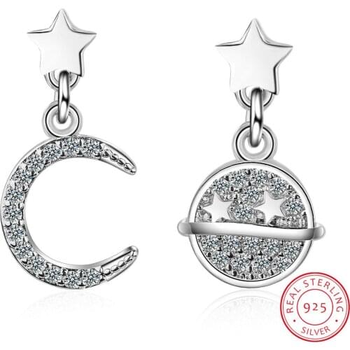925 Sterling Silver Zirconia Moon Star Planet Earrings For Women Simple Joker Asymmetric Design Earrings S-E917