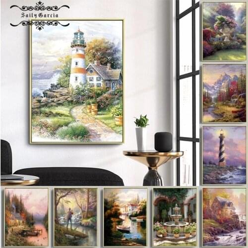 American Oil Painting Pastoral Landscape Canvas Poster Sea View Lighthouse Architectural Pictures Forest House Flower Home Decor