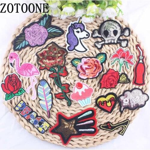ZOTOONE 1PCS Sequin Flower Embroidered Applique Cartoon Skull Skeleton Flamingo Patches Iron On Kids DIY Patches For Garments A