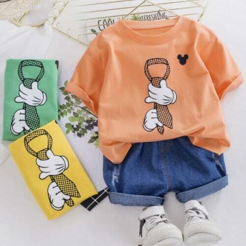 Children Costume Soft Denim Pants Printed Top Toddler Summer Clothes for Girls Boys Outfit O-neck T-shirt with Shorts 2pcs