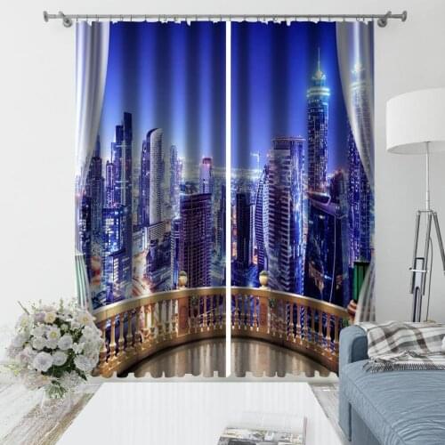 European Curtains Photo Painted 3D Curtain Living room blue night city building curtains Decoration curtains