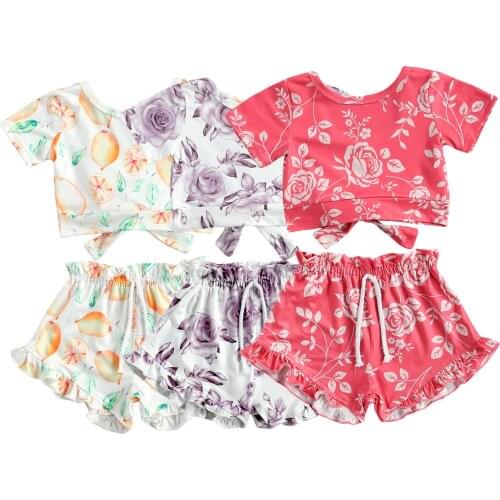 FOCUSNORM 1-5Y Lovely Kids Girls Clothes Sets 2pcs Flowers Printed Ruffles Short Sleeve T Shirts Tops Shorts 3 Colors