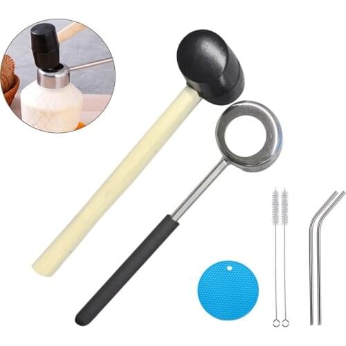 Hot Coconut Opener Tool Coco Opener for Coconut Shell Puncher Knife with Rubber Hammer Straws Brush Silicone Mat