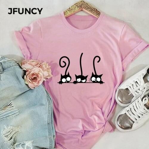 JFUNCY Plus Size Female Tshirt 100% Cotton T Shirts Women Short Sleeve Tees Summer Loose Tops New Cute Cat Print Woman T-Shirt