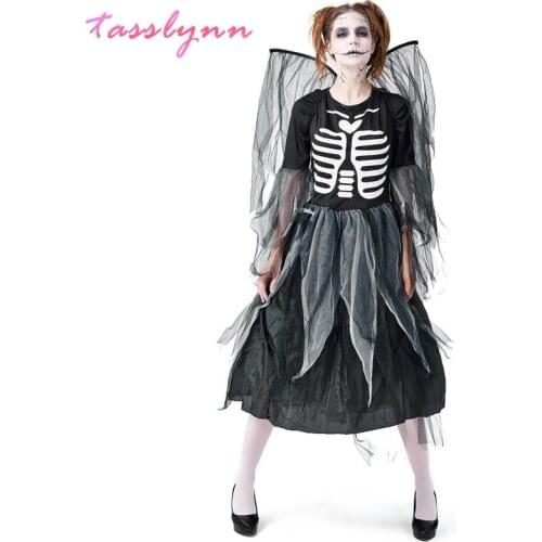 Halloween Carnival Costume Adult Zombie Skeleton Print Fallen Dark Angel Dress Game Cosplay Halloween Costume
