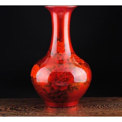 Chinese-style Crystal Glaze Ceramic Red Peony Vase Porcelain Vases For Artificial Flower Decoration Vases