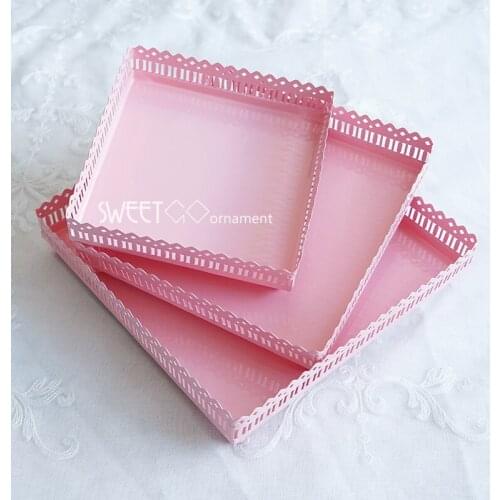European square pink storage trays metal serving tray decorative tray serving platter for wedding decoration FT047B