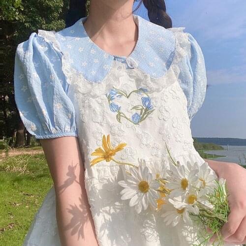 Summer Kawaii Girls Lolita Dress Japanese Sweet Cute Sling Dress Vintage Sleeveless Maid Dress+Peter Pan Collar Lolita Shirts