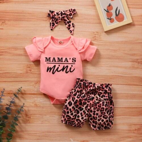 Summer New Born Baby Girls Short Sleeve Clothes Set Mini Mom Letter Print Top+Leopard Shorts+Hairband 3-piece Suit For Kids