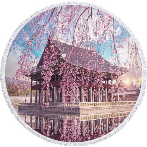 Sakura snow mountain ancient architecture Pareo beach Fringed beach towel Round beach towel Towel beach Towels miraculous towel