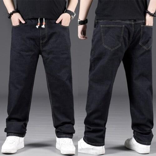 Plus Size Mens Baggy Jeans Men Casual Black Loose Straight Elastic Waist Drawstring Denim Pants