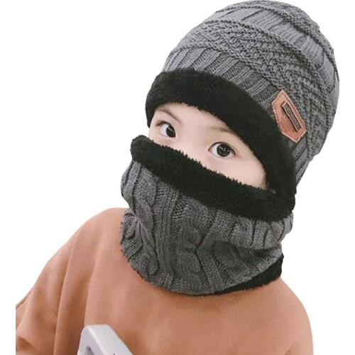 Children Knitted Hat Winter Warm Baby Kids Cap Skullies Beanies Circle Scarf Thicken Fleece Lining For 2-12 Years Boys Girls