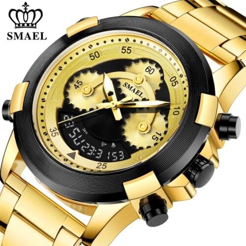 SMAEL Golden Mens Watches Stainless Steel Digital Wristwatch Top Brand Luxury Quartz Chronograph Military Waterproof Men Watch