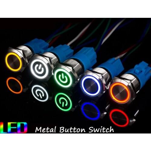 Waterproof 6V 12V 24V 220V 16MM 19MM 22MM Self-Lock Solder Reset Metal Push Button Switch Led Light Power Symbol Master Switch