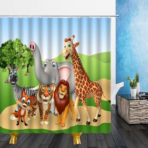 Animal theme Shower Curtains Lovely Interesting Elephant lion rabbit monkey zoo Party Bathroom Decor Waterproof Cloth Curtain