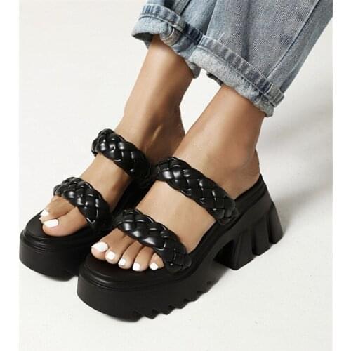 PXELENA Punk Thick Sole Platform Summer Slippers Women Weaving Chunky Block High Heels Slides Lady Blue Black Gothic Shoes 35-43