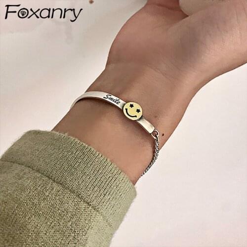 Foxanry 925 Sterling Silver Chain Bangles for Women New Fashion Creative Smiley Face Bangles Vintage Punk Party Jewelry Gifts