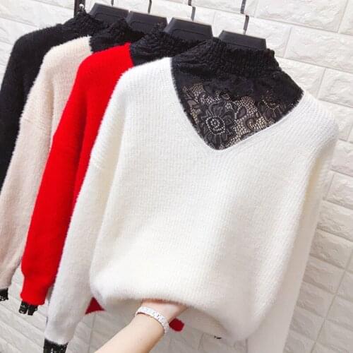 2019 New Winter Hairy Pullover Mohair Women Knitted Sweaters Loose Long Sleeve Lace Splice Casual Sweaters Female Jumper R357