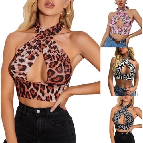 Women Sexy Hollow Out Vest Printed Pattern Halter Neck Sleeveless Crop Tanks Tops Summer Women Tops 2021