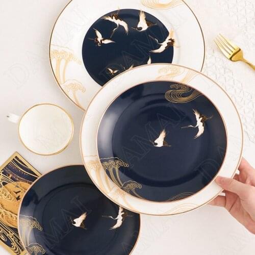 Golden Stroke Ceramic Plates Crane Decorative Porcelain Dessert Dish Main Course Hotel Restaurant Serving Tray Kitchen Tableware