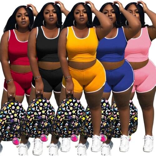 3xl 4xl Plus Size Sets for Womens Solid Color Vest Sports Stretch Tight Patchwork Casual Shorts Suit Wholesale Dropshipping