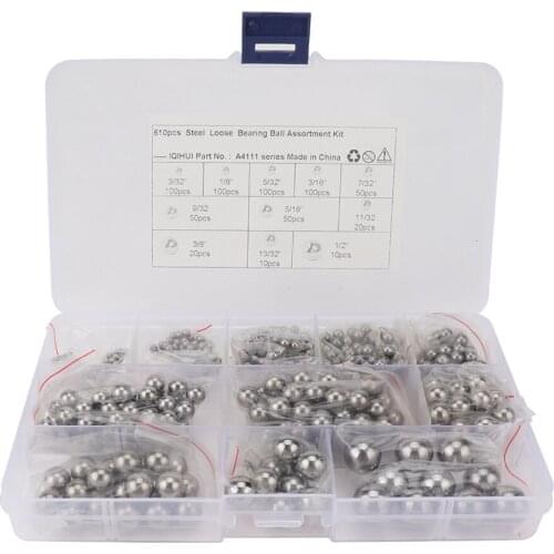610Pcs Steel Bearing Balls 1/8 3/32 5/32 3/16 7/32 9/32 5/16 11/32 3/8 13/32 1/2 Polished And Fine-ground Solid Steel Balls