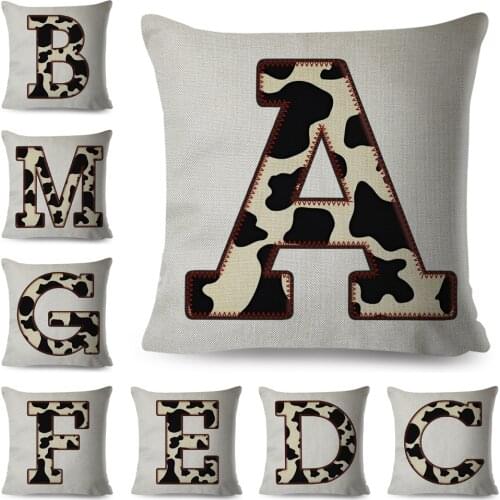 A-Z Cow Pattern Cushion Cover for Sofa Home Car Children Room Decor Geometric Letter Pillowcase Polyester Pillow Case 45x45cm