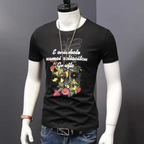 Bee Flowers Printed Mens T Shirt Slim Stretch Short Sleeve Tshirt Men Cotton O-Neck T-Shirts Summer Fashion Graphic Clothing
