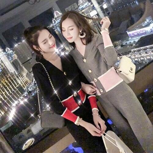 Ladies' New Fashion Cardigan Two-piece Suit for Girlfriends Temperament V-neck Knitted Wide-leg Pants Suit