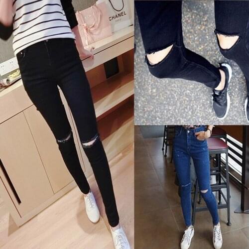 KJA252 2018 Spring Autumn Fashion Korean High Waist Knee Hole Jeans Pencil Pants Female High Stretch Denim Trousers Full Length