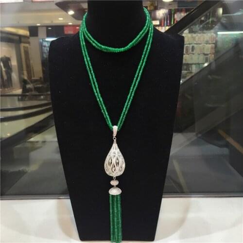 23" 2 Strands Green Agate Cz pave Pendant