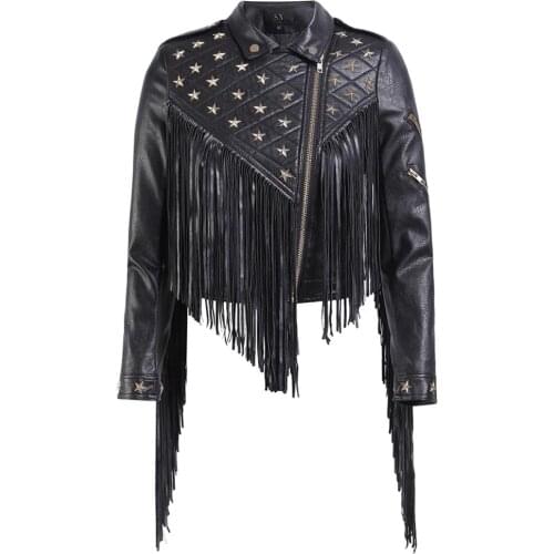 SX 2019 autumn winter new fashion female short Slim fit pu leather black motorcycle beading rivet tassel leather jacket