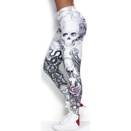Women Hip Hop Skull Print High Waist Leggings Workout Skinny Leggings Sports Running Gym Fitness Stretch Long Trousers Bottoms