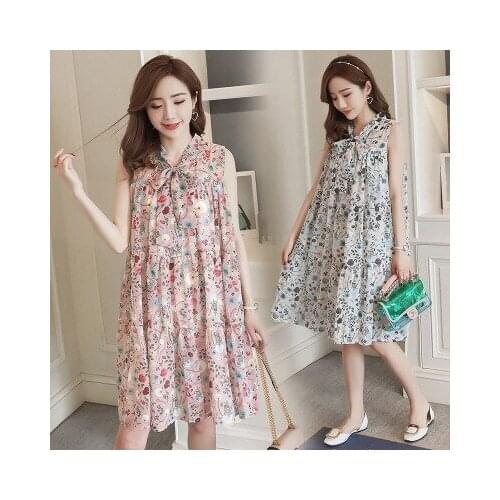 Summer new pregnant women floral V-neck dress mid-length Korean fashion pregnant mother sleeveless chiffon vest maternity dress