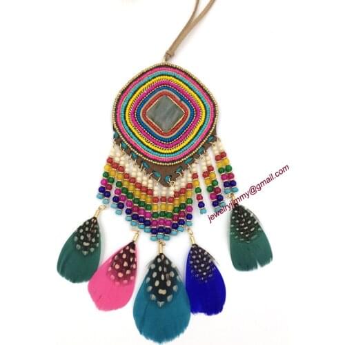 2016 New personalized handmade jewelry supplier beads chain feather pendents unique boho long Necklaces for women