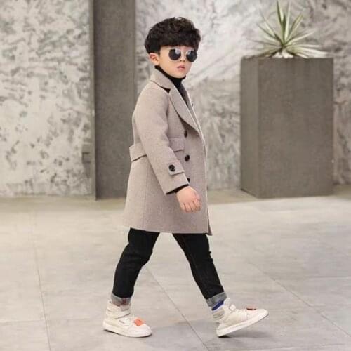 5-14T Boys Woolen Coat 2021 Winter New Fashion Turn Collar Double Breasted Solid Plus Cotton Warm Jacket High Quality