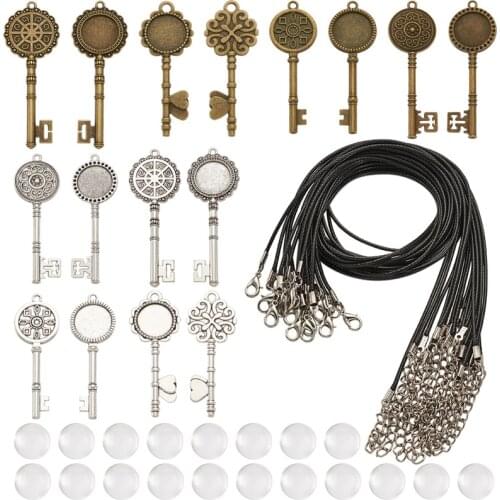 Pandahall 1 set Tibetan Style Key Alloy Pendant Cabochon Setting Waxed Cord Necklace Making and Transparent Glass Cabochon 24pcs