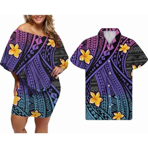 Hycool Drop Ship Tribal Gradient Stripe Print Lady Sexy Wear Clothing Custom Polynesian Bodycon Dresses Match Men Hawaiian Shirt