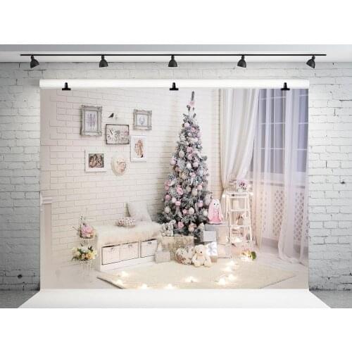 VinylBDS White Family Photo Backgrounds Christmas With Window Curtains Indoor Christmas Tree Photo Backdrop Children Photo