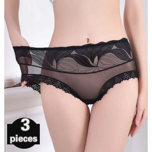 3 pcs Sexy women underwear lace transparent ice silk Panties Gauze large size seamless mid waist Lingerie cotton crotch briefs