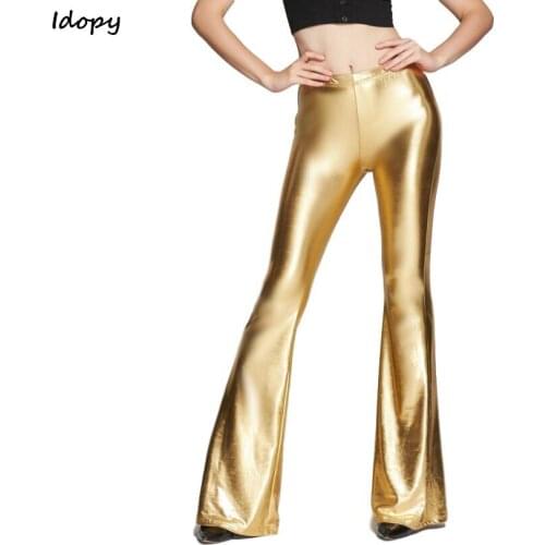 Idopy Women`s Pants Shiny Metallic Halloween Gold Silver Party Stage Performance Wide Leg Flare Bell Bottom Jeans Pants Female