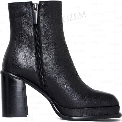 LAIGZEM Women Ankle Boots Genuine LEATHER Zip Up 9.5CM Chunky High Heels Booties Ladies Comfortable Shoes Woman Size 33 38 40 41
