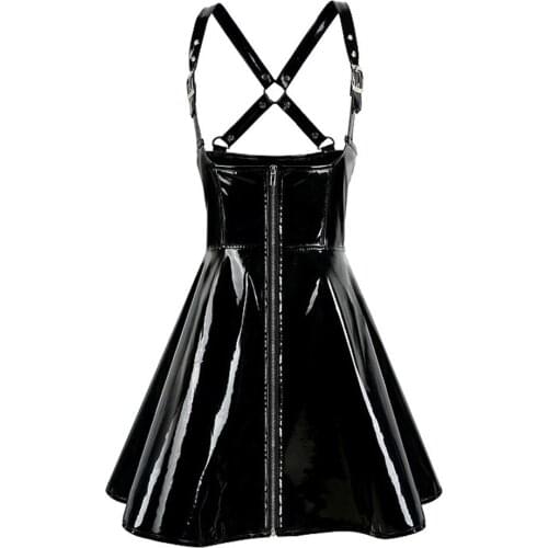Women PVC Latex Faux Leather Dress Club Party Sexy Black Wet Look Zipper Sling Dress