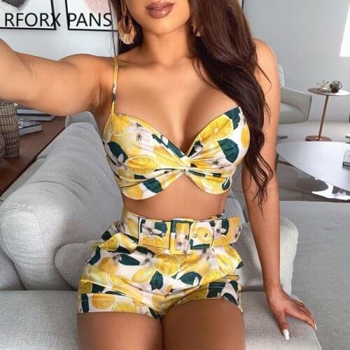 Fruits Print Crop Top & Short Sets Women Two Piece Outfits Summer Set