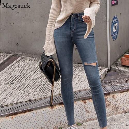 2020 Blue High Waist Elastic Skinny Jeans Women Denim Casual Plus Size Ripped Jeans for Women Pencil Pants Jeans Femme 10396