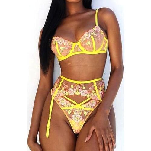 3 PCS Set Women Sexy Floral Embroidery Transparent Underwear Garters Underwire Bra and Briefs Set Sensual Lingerie Exotic