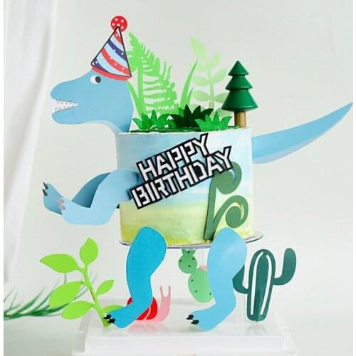 CakeTopper Baking Cake Decoration Creative Suspension Cartoon Forest Boy Birthday Plug-in Blue Birthday Hat Dinosaur Insert Card