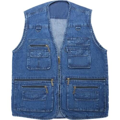 Denim vest Plus Size middle-aged elderly multi-pocket waistcoat outdoor fishing casual travel Sleeveless Jacket Coat wholesale