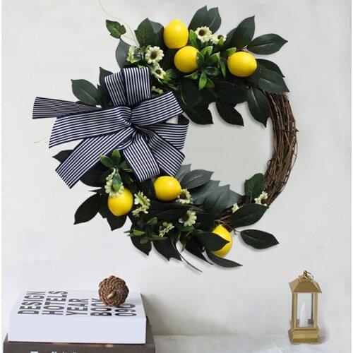 Artificial Lemon Wreath Home Garland with Lemon Green Leaves & Bow Decorative Farmhouse Wreath for Front Door Wall Decor